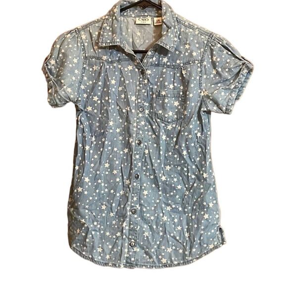 CATO Blouse‎ Faded Blue Denim Button Front With Stars Girls Size XL 16 - Picture 1 of 6